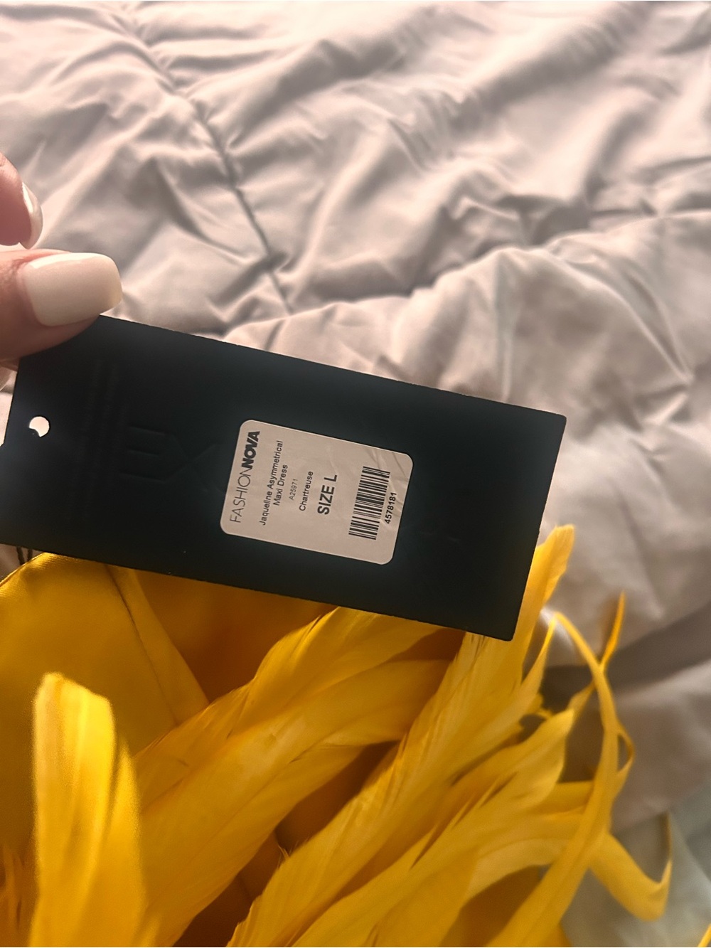 Fashion Nova Satin Strapless Feather-Trim Midi Dress in Yellow - Picture 2 of 3